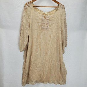 Indigo Rose Dress Womens 2x Beige Crochet 3/4 Sleeve Knee Length Lined Bohemian